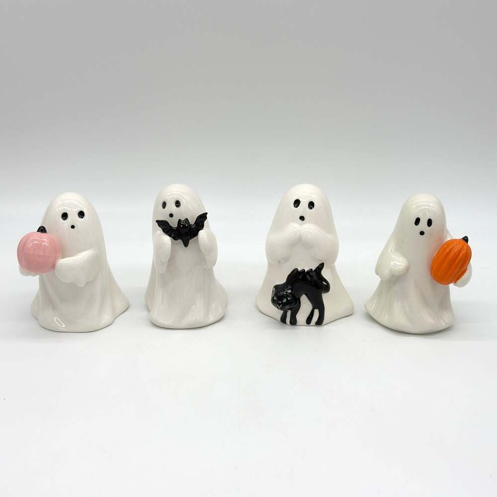Set of 4 Target Hyde & Eek Ceramic Ghost w/ Pink Pumpkin Bat & Cat Halloween NEW